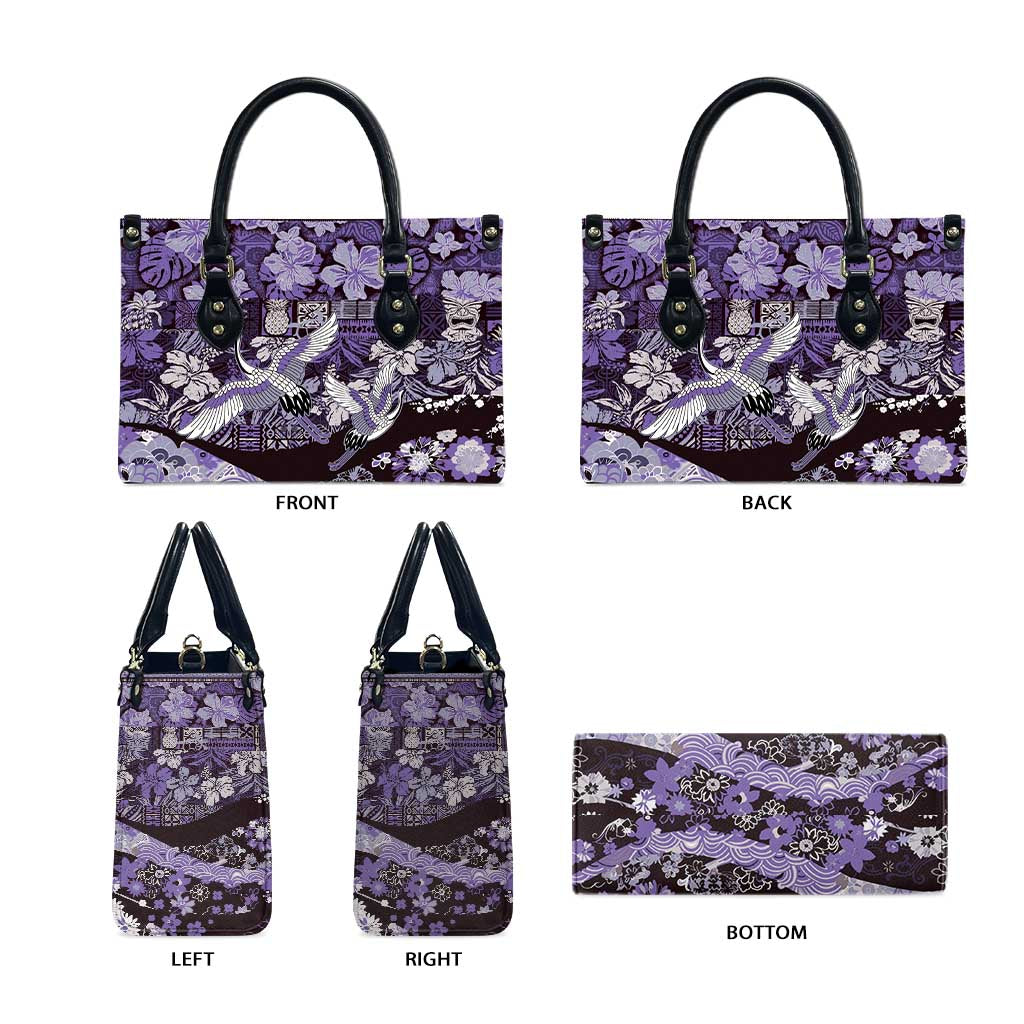 Japanese Hawaiian Crane Leather Bag Purple Tapa Patchwork Pattern