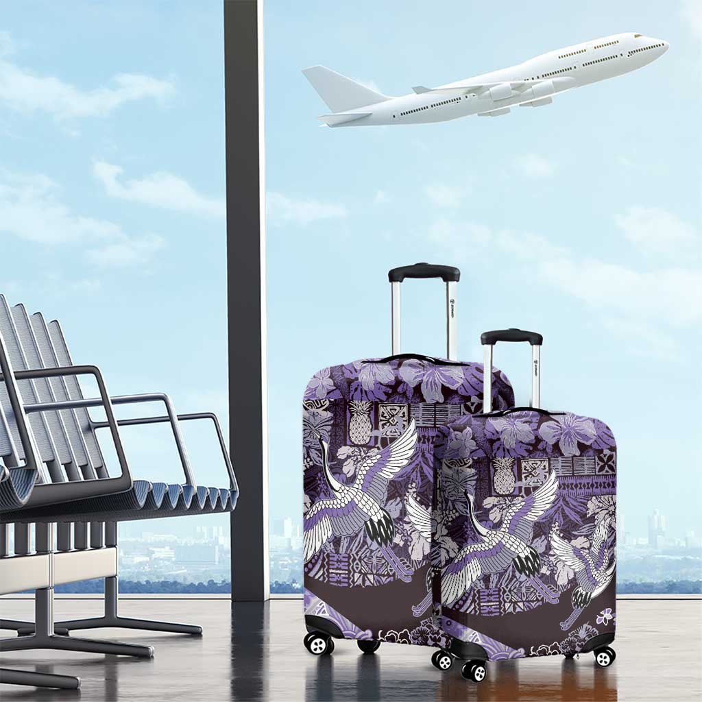 Japanese Hawaiian Crane Luggage Cover Purple Tapa Patchwork Pattern LT9 - Polynesian Pride