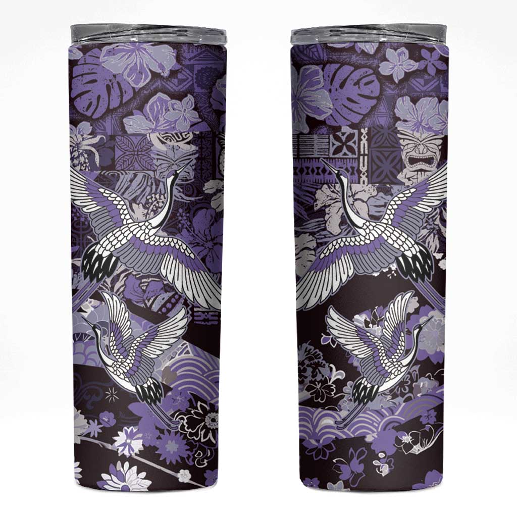Japanese Hawaiian Crane Skinny Tumbler Purple Tapa Patchwork Pattern LT9 Purple - Polynesian Pride