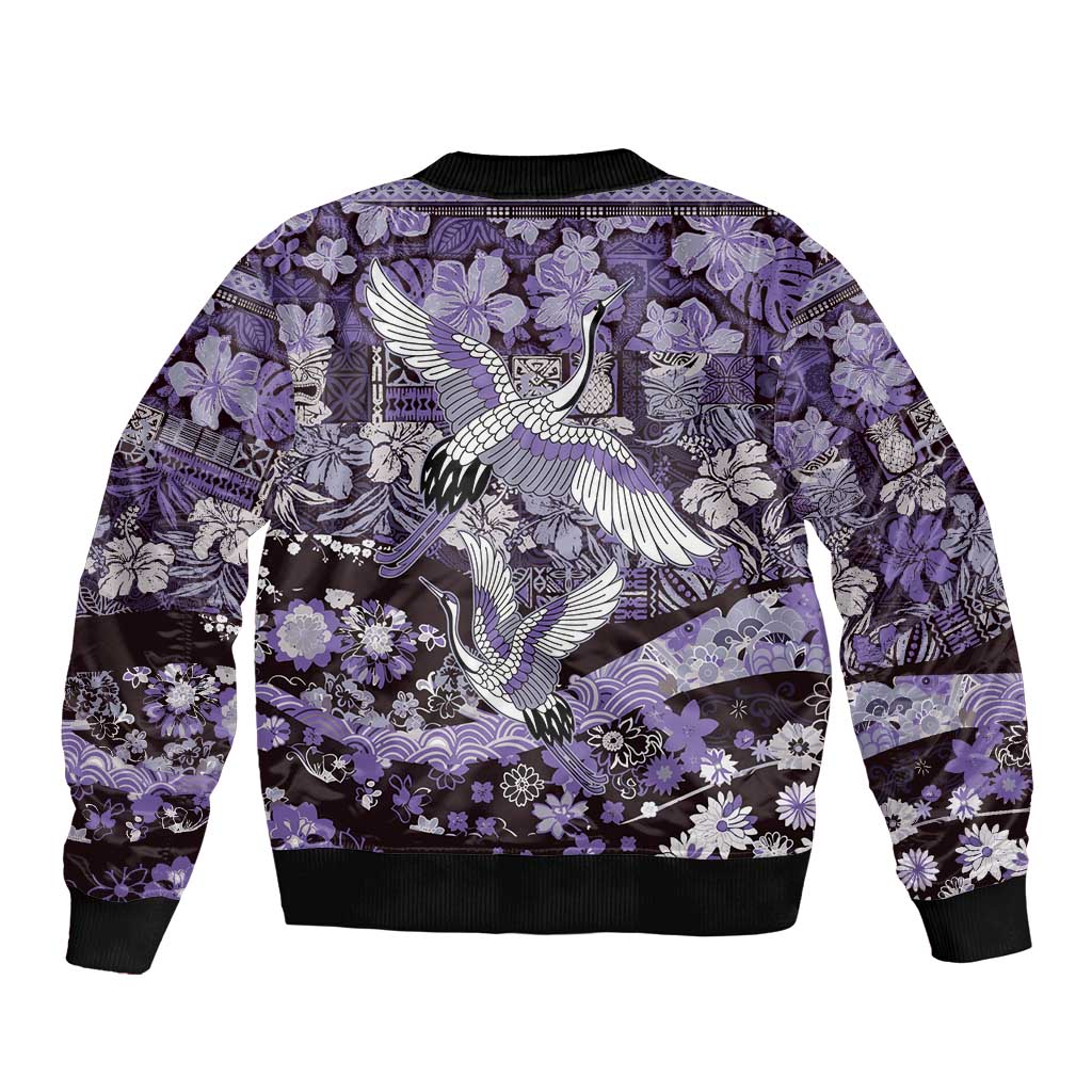 Japanese Hawaiian Crane Sleeve Zip Bomber Jacket Purple Tapa Patchwork Pattern LT9 - Polynesian Pride