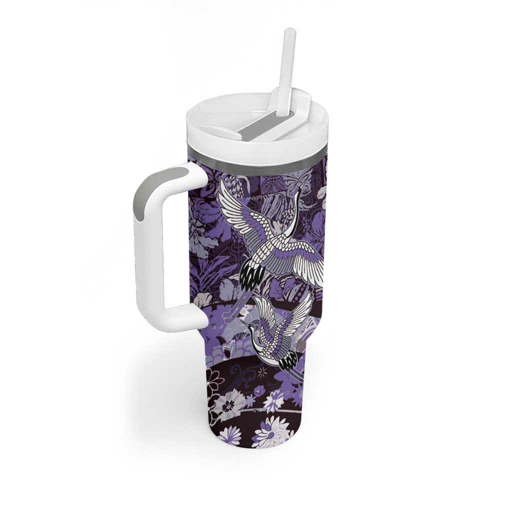 Japanese Hawaiian Crane Tumbler With Handle Purple Tapa Patchwork Pattern LT9 - Polynesian Pride