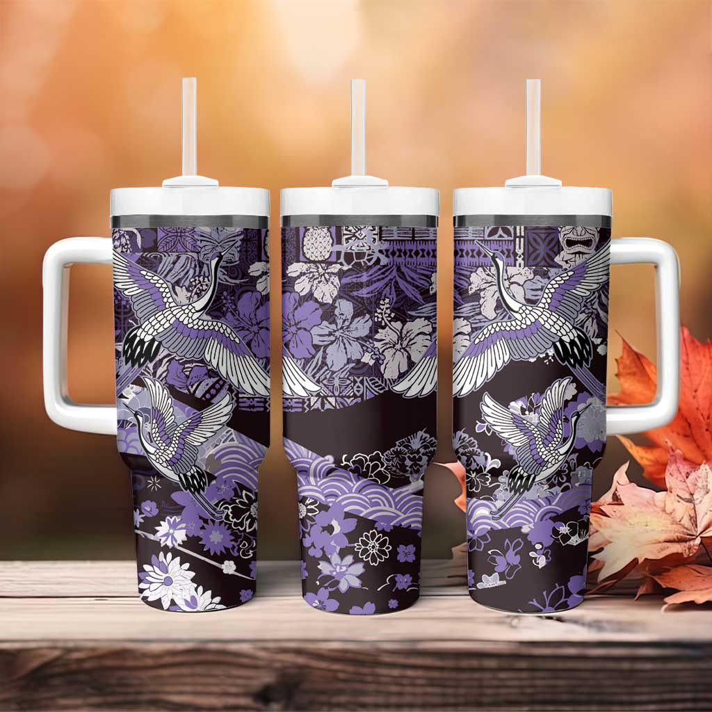 Japanese Hawaiian Crane Tumbler With Handle Purple Tapa Patchwork Pattern LT9 - Polynesian Pride