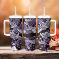 Japanese Hawaiian Crane Tumbler With Handle Purple Tapa Patchwork Pattern LT9 - Polynesian Pride