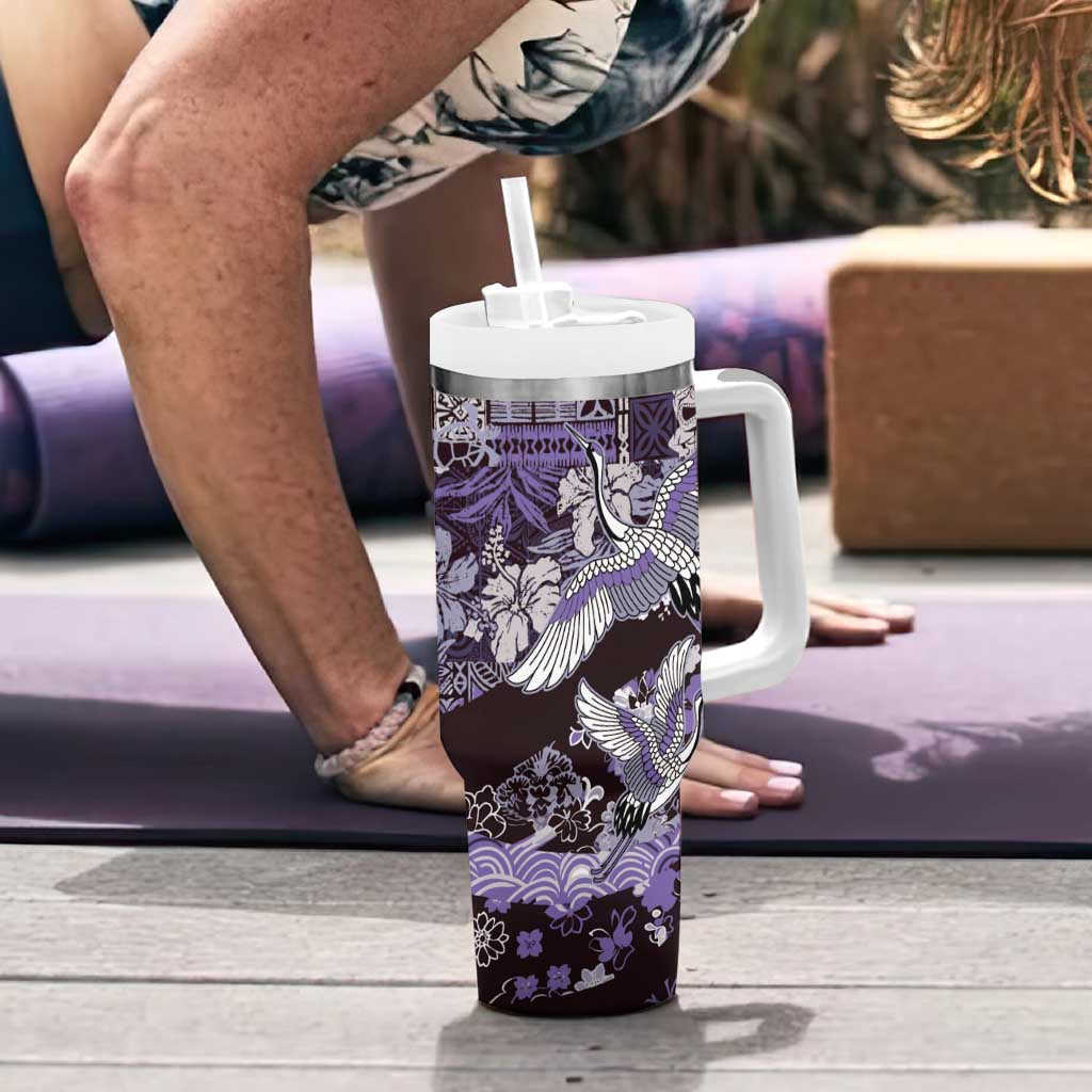 Japanese Hawaiian Crane Tumbler With Handle Purple Tapa Patchwork Pattern LT9 - Polynesian Pride