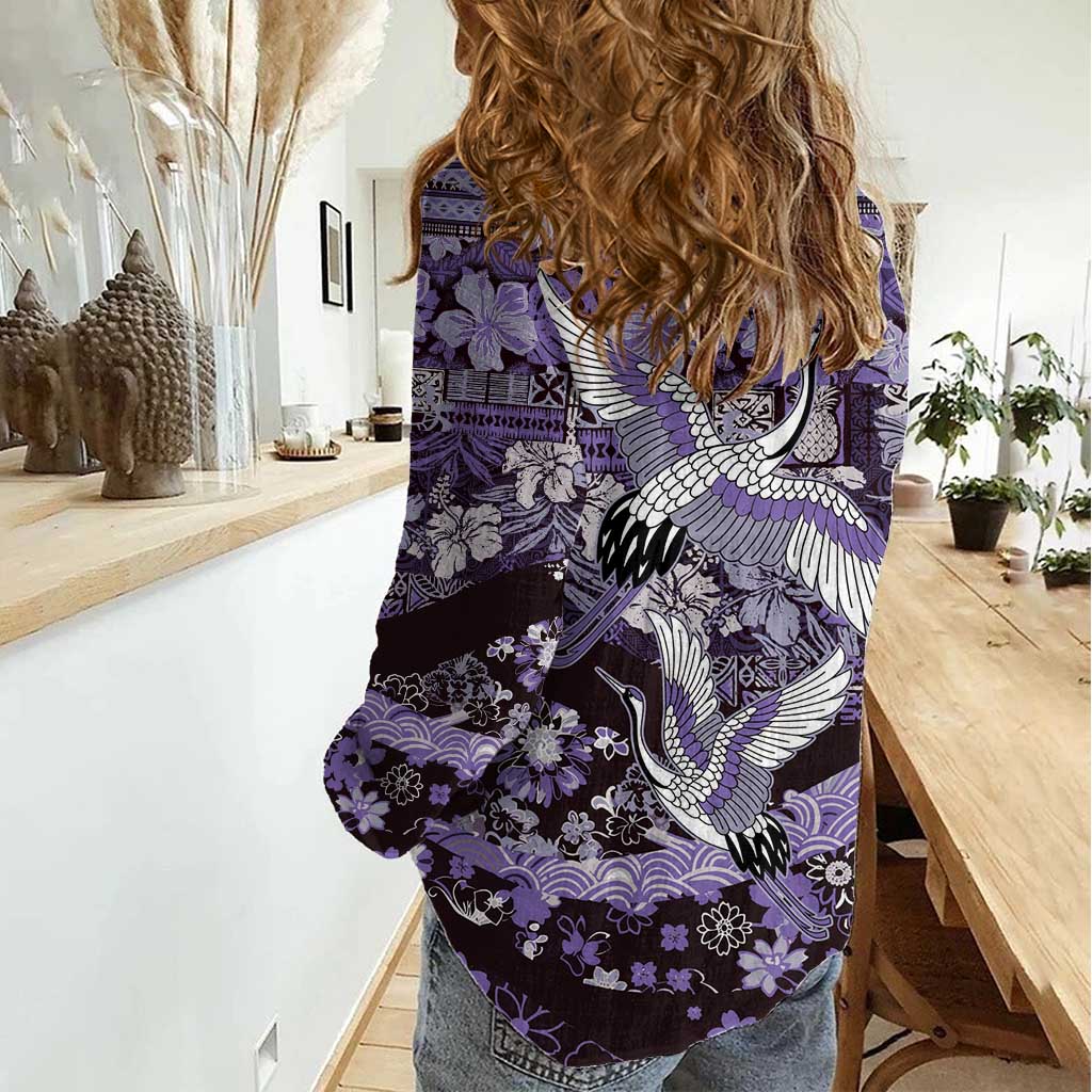 Japanese Hawaiian Crane Women Casual Shirt Purple Tapa Patchwork Pattern