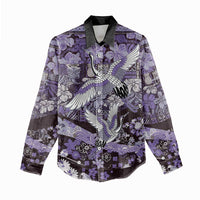 Japanese Hawaiian Crane Women Casual Shirt Purple Tapa Patchwork Pattern
