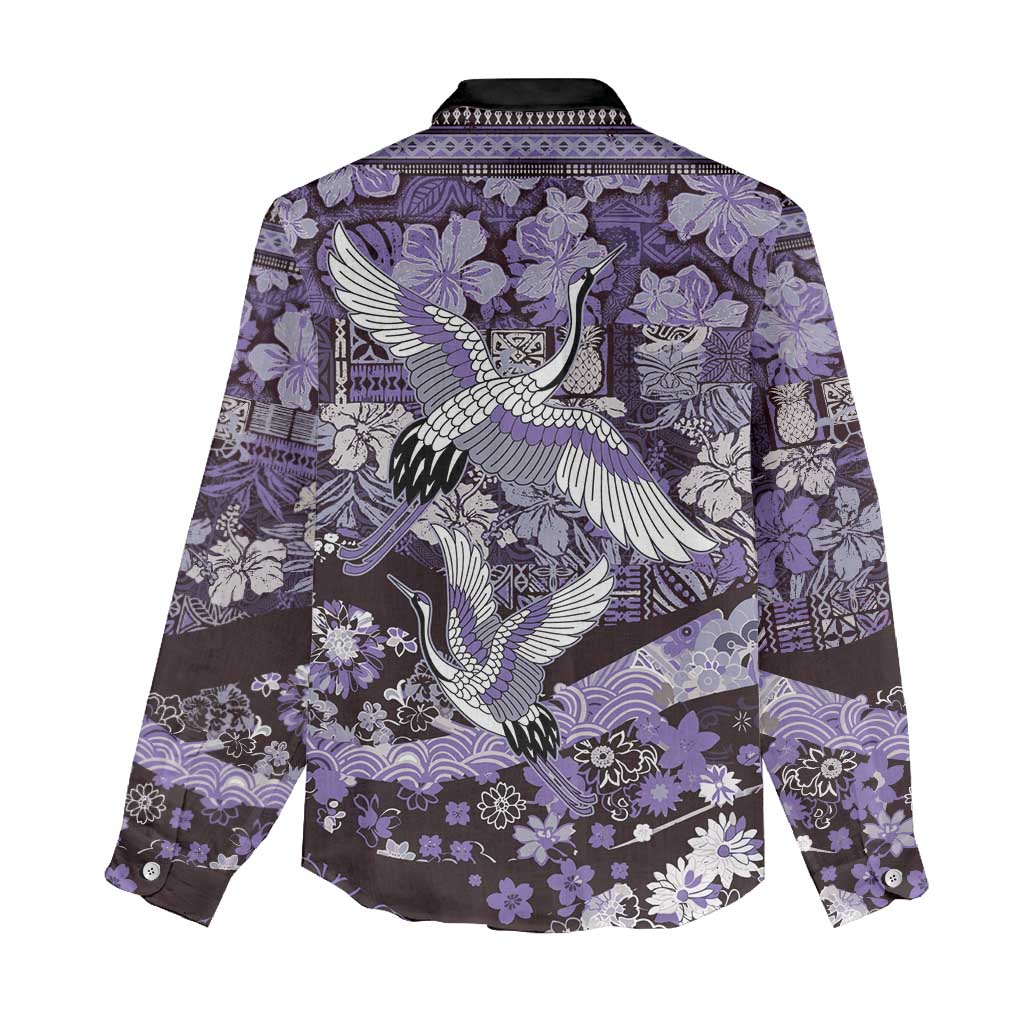 Japanese Hawaiian Crane Women Casual Shirt Purple Tapa Patchwork Pattern