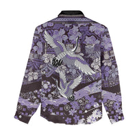 Japanese Hawaiian Crane Women Casual Shirt Purple Tapa Patchwork Pattern