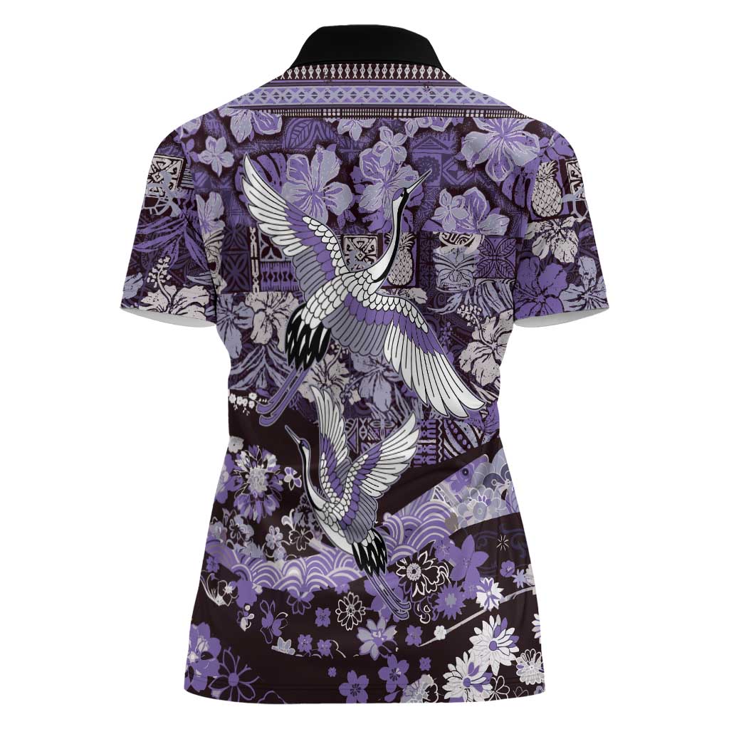 Japanese Hawaiian Crane Women Polo Shirt Purple Tapa Patchwork Pattern LT9 - Polynesian Pride