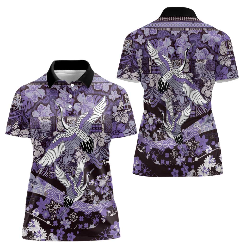 Japanese Hawaiian Crane Women Polo Shirt Purple Tapa Patchwork Pattern LT9 - Polynesian Pride