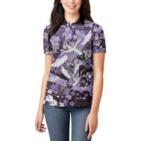 Japanese Hawaiian Crane Women Polo Shirt Purple Tapa Patchwork Pattern LT9 - Polynesian Pride