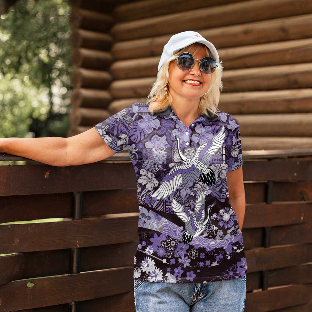 Japanese Hawaiian Crane Women Polo Shirt Purple Tapa Patchwork Pattern LT9 - Polynesian Pride