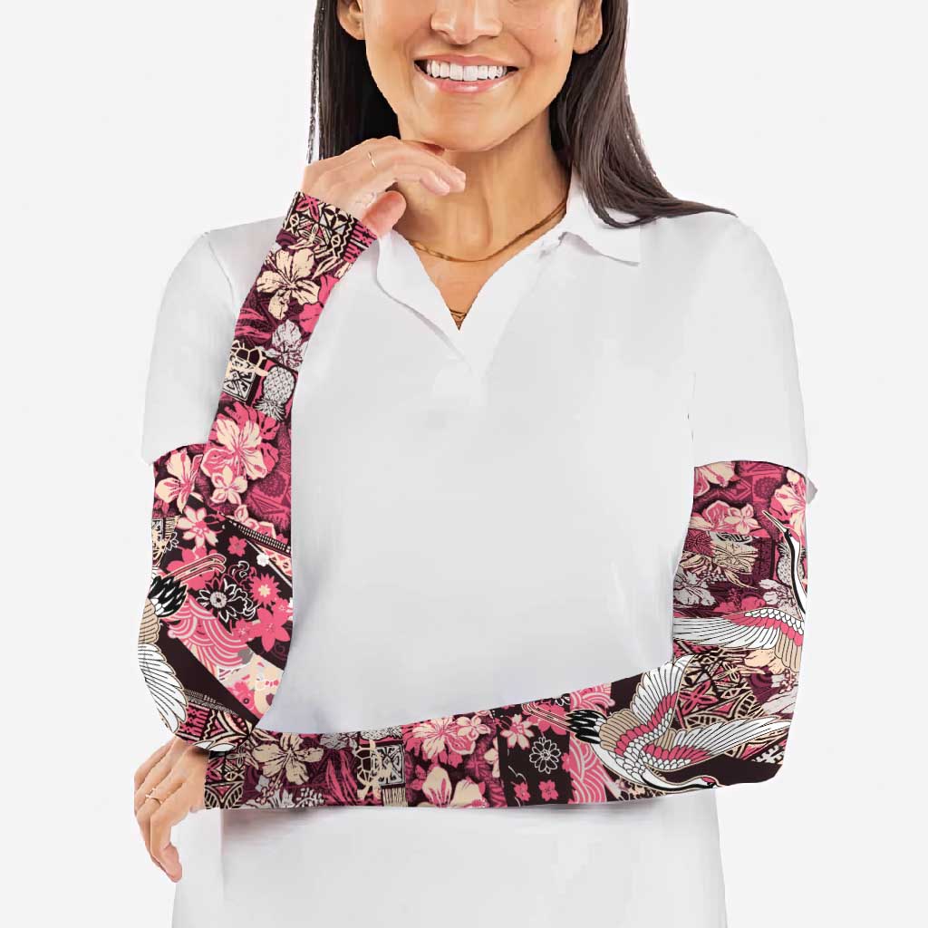 Japanese Hawaiian Crane Arm Sleeves Soft Pink Tapa Patchwork Pattern