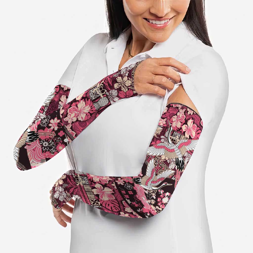 Japanese Hawaiian Crane Arm Sleeves Soft Pink Tapa Patchwork Pattern