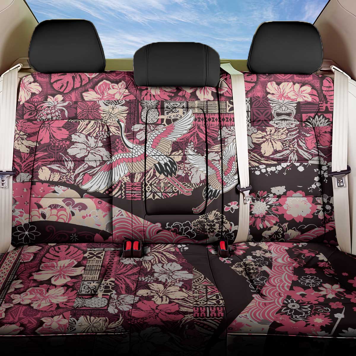 Japanese Hawaiian Crane Back Car Seat Cover Soft Pink Tapa Patchwork Pattern
