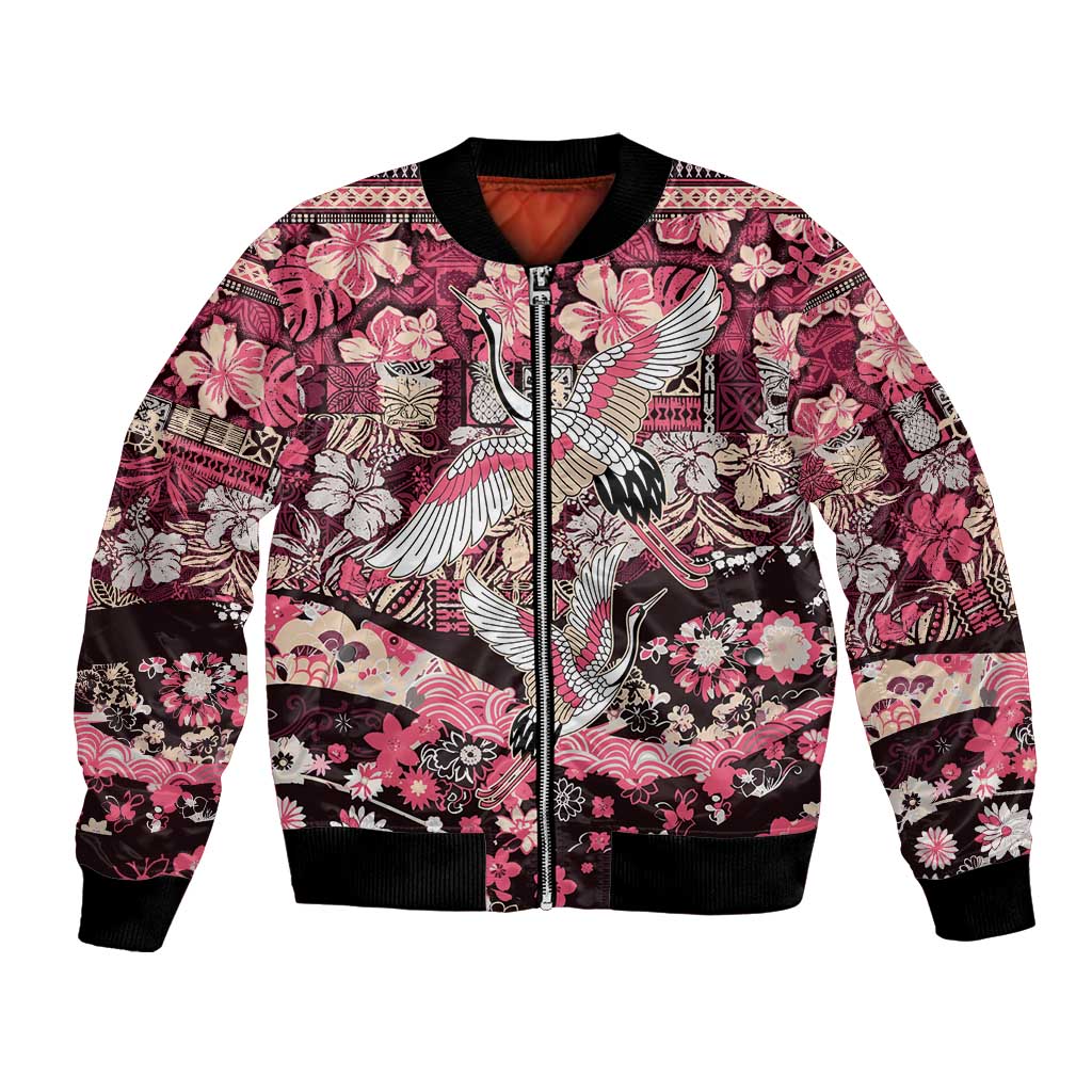 Japanese Hawaiian Crane Bomber Jacket Soft Pink Tapa Patchwork Pattern LT9 Unisex Pink - Polynesian Pride