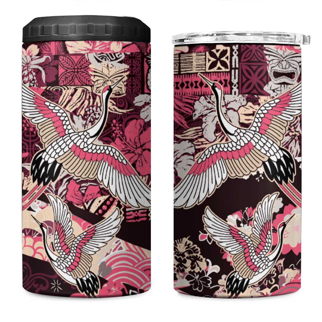 Japanese Hawaiian Crane 4 in 1 Can Cooler Tumbler Soft Pink Tapa Patchwork Pattern LT9 One Size: 16 oz Pink - Polynesian Pride