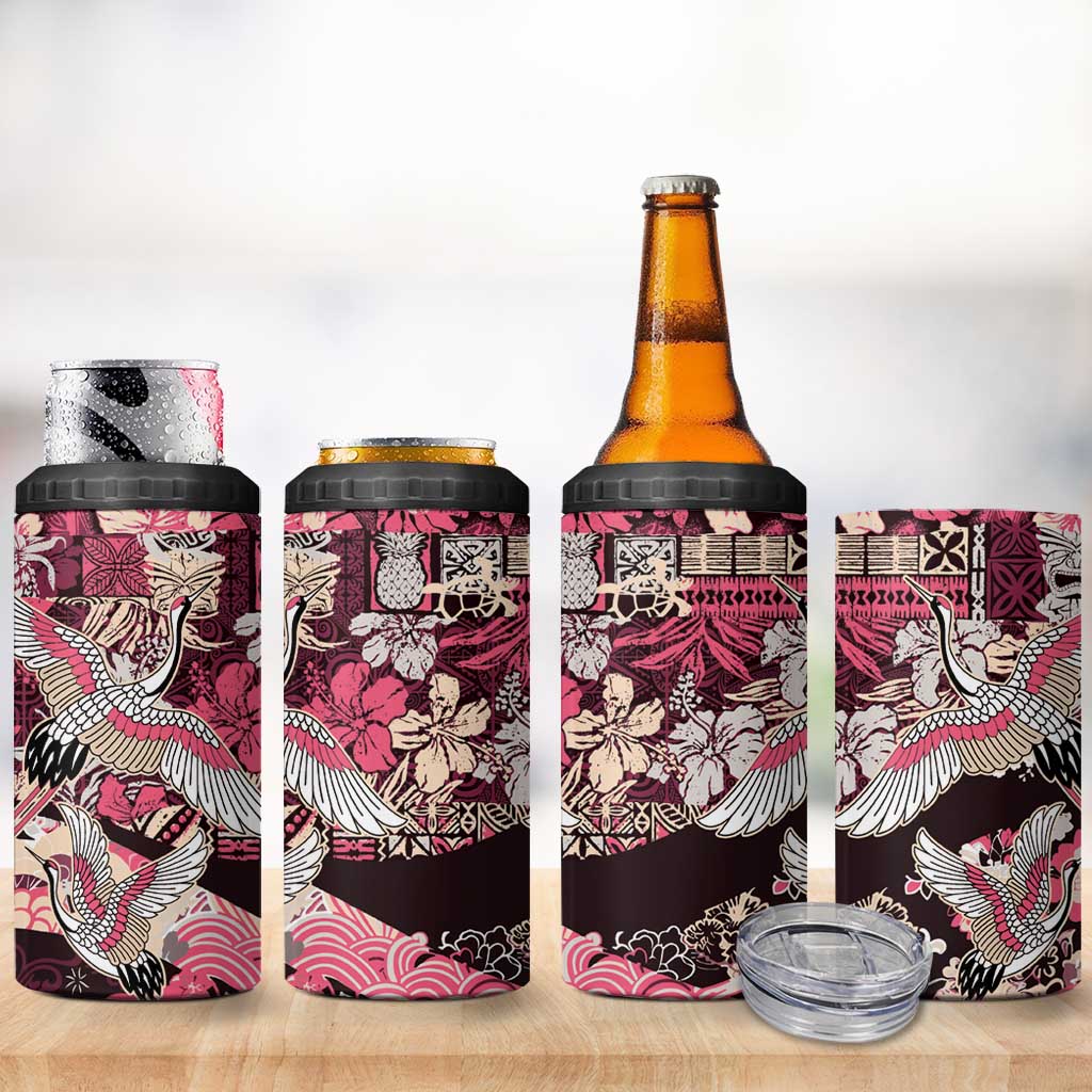 Japanese Hawaiian Crane 4 in 1 Can Cooler Tumbler Soft Pink Tapa Patchwork Pattern LT9 - Polynesian Pride
