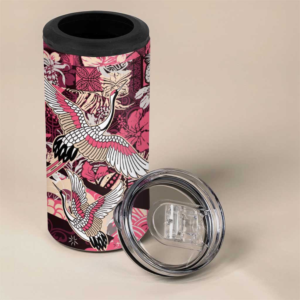 Japanese Hawaiian Crane 4 in 1 Can Cooler Tumbler Soft Pink Tapa Patchwork Pattern LT9 - Polynesian Pride