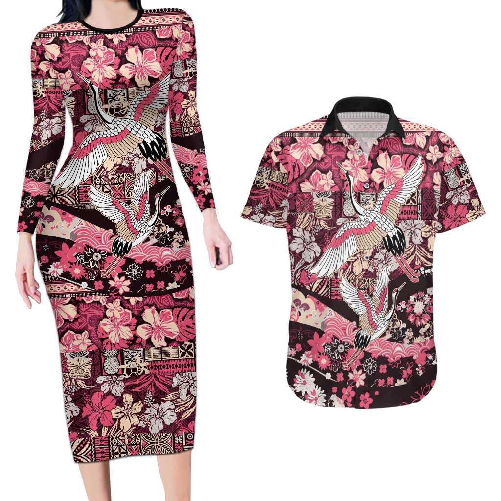 Japanese Hawaiian Crane Couples Matching Long Sleeve Bodycon Dress and Hawaiian Shirt Soft Pink Tapa Patchwork Pattern LT9 Pink - Polynesian Pride