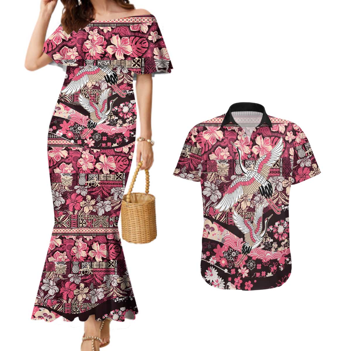 Japanese Hawaiian Crane Couples Matching Mermaid Dress and Hawaiian Shirt Soft Pink Tapa Patchwork Pattern LT9 Pink - Polynesian Pride