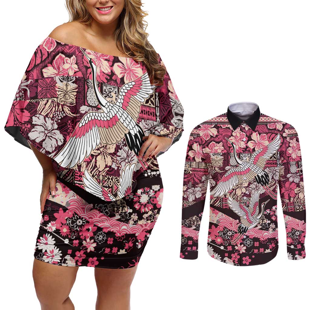 Japanese Hawaiian Crane Couples Matching Off Shoulder Short Dress and Long Sleeve Button Shirt Soft Pink Tapa Patchwork Pattern LT9 Pink - Polynesian Pride