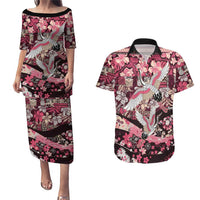 Japanese Hawaiian Crane Couples Matching Puletasi and Hawaiian Shirt Soft Pink Tapa Patchwork Pattern LT9 Pink - Polynesian Pride