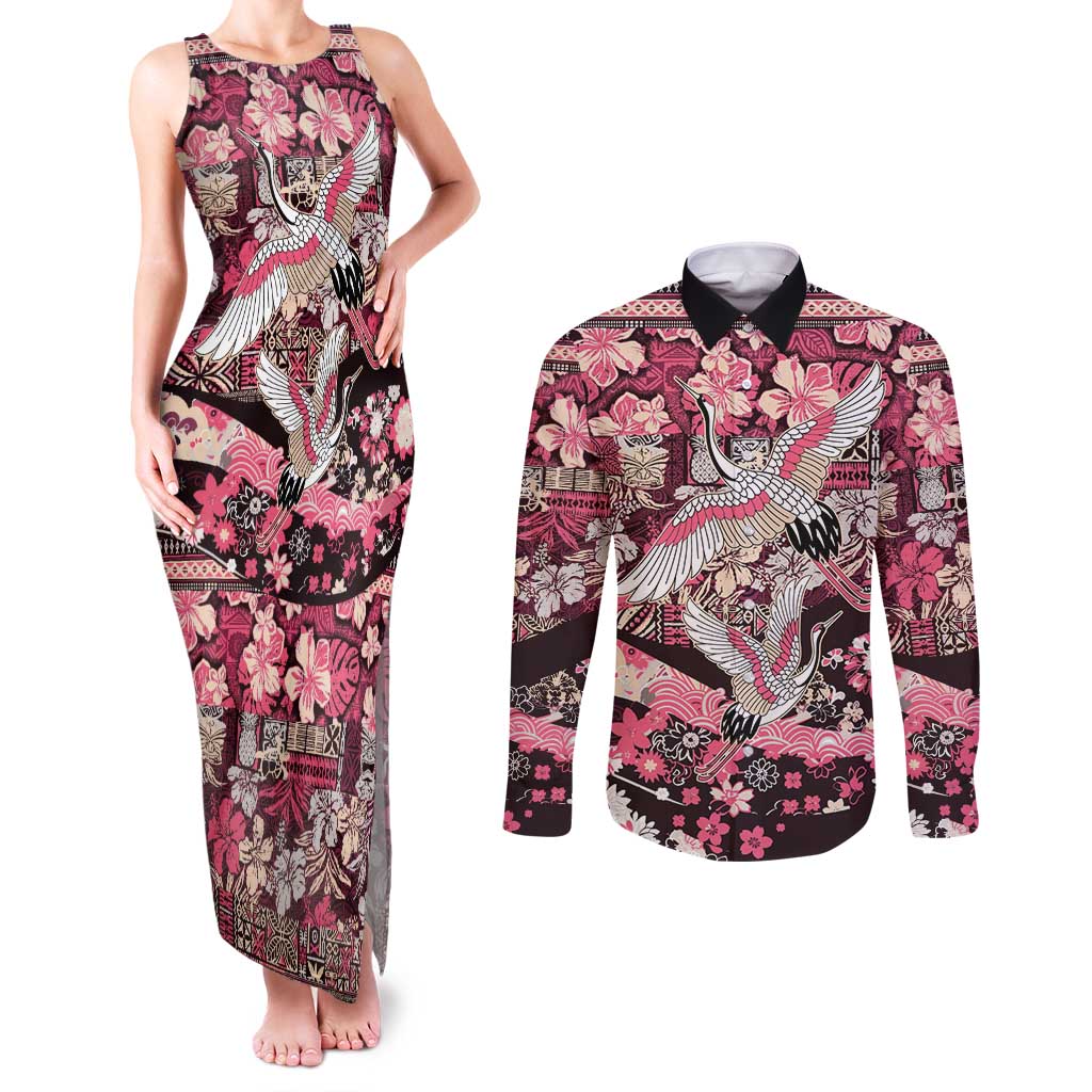 Japanese Hawaiian Crane Couples Matching Tank Maxi Dress and Long Sleeve Button Shirt Soft Pink Tapa Patchwork Pattern LT9 Pink - Polynesian Pride
