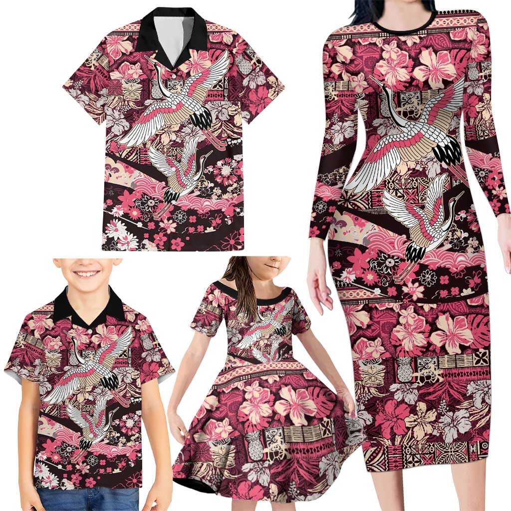Japanese Hawaiian Crane Family Matching Long Sleeve Bodycon Dress and Hawaiian Shirt Soft Pink Tapa Patchwork Pattern LT9 - Polynesian Pride