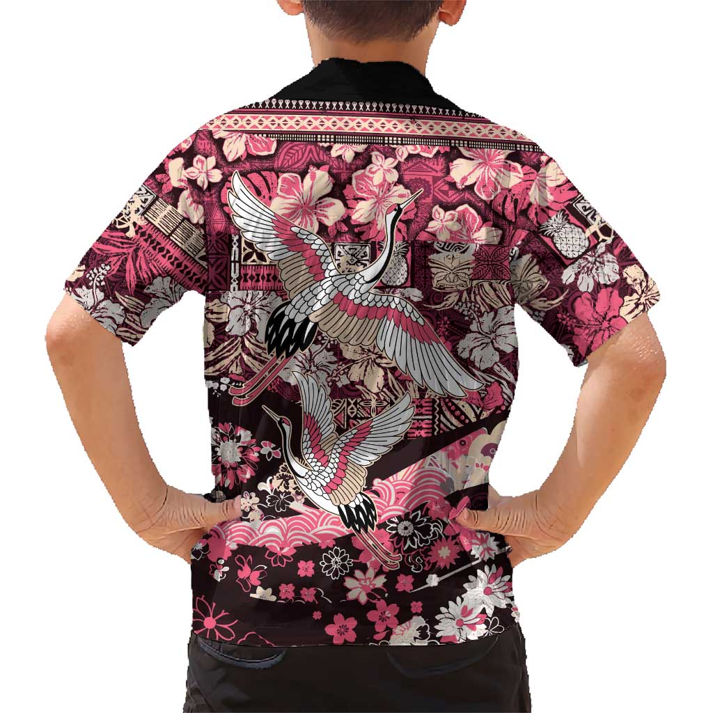 Japanese Hawaiian Crane Family Matching Off Shoulder Short Dress and Hawaiian Shirt Soft Pink Tapa Patchwork Pattern