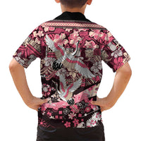 Japanese Hawaiian Crane Family Matching Off Shoulder Short Dress and Hawaiian Shirt Soft Pink Tapa Patchwork Pattern