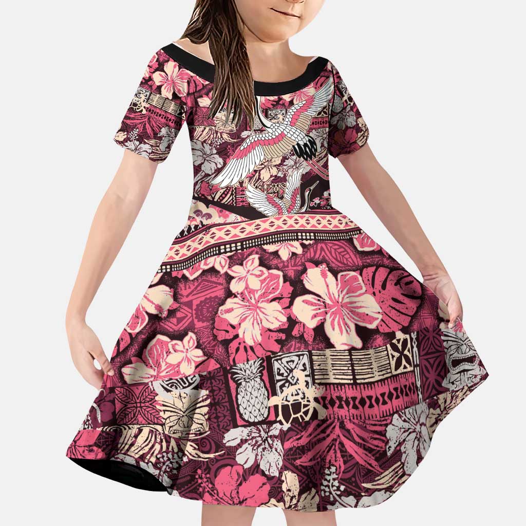 Japanese Hawaiian Crane Family Matching Off Shoulder Short Dress and Hawaiian Shirt Soft Pink Tapa Patchwork Pattern