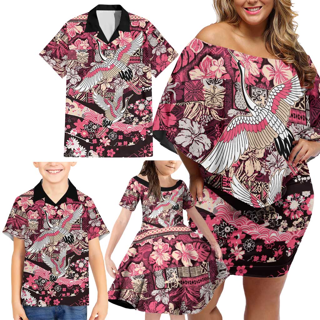 Japanese Hawaiian Crane Family Matching Off Shoulder Short Dress and Hawaiian Shirt Soft Pink Tapa Patchwork Pattern