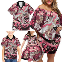Japanese Hawaiian Crane Family Matching Off Shoulder Short Dress and Hawaiian Shirt Soft Pink Tapa Patchwork Pattern