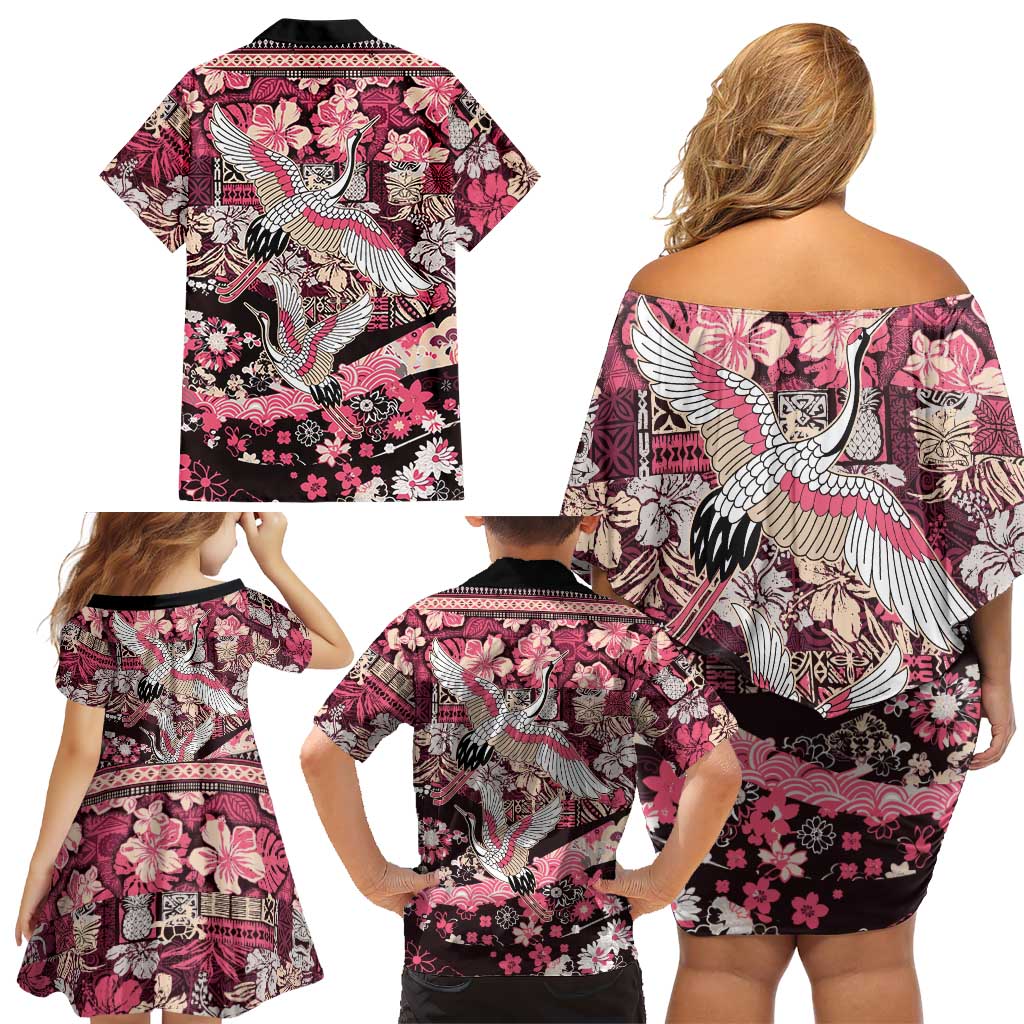 Japanese Hawaiian Crane Family Matching Off Shoulder Short Dress and Hawaiian Shirt Soft Pink Tapa Patchwork Pattern