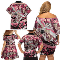 Japanese Hawaiian Crane Family Matching Off Shoulder Short Dress and Hawaiian Shirt Soft Pink Tapa Patchwork Pattern