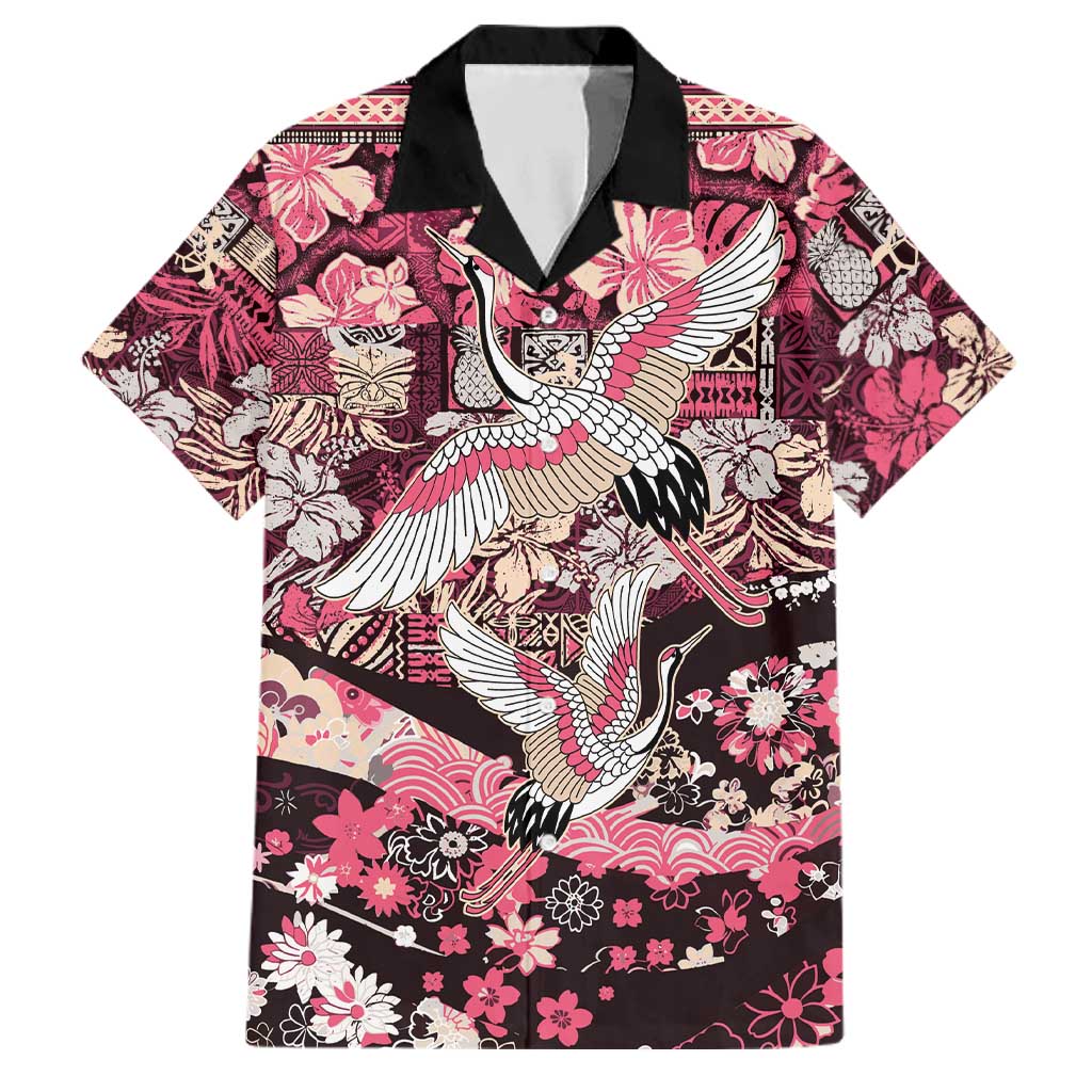Japanese Hawaiian Crane Family Matching Off Shoulder Short Dress and Hawaiian Shirt Soft Pink Tapa Patchwork Pattern