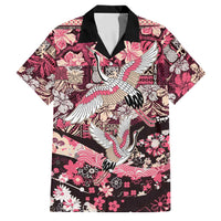 Japanese Hawaiian Crane Family Matching Off Shoulder Short Dress and Hawaiian Shirt Soft Pink Tapa Patchwork Pattern