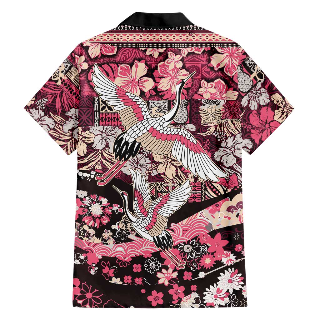 Japanese Hawaiian Crane Family Matching Off Shoulder Short Dress and Hawaiian Shirt Soft Pink Tapa Patchwork Pattern