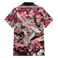 Japanese Hawaiian Crane Family Matching Off Shoulder Short Dress and Hawaiian Shirt Soft Pink Tapa Patchwork Pattern
