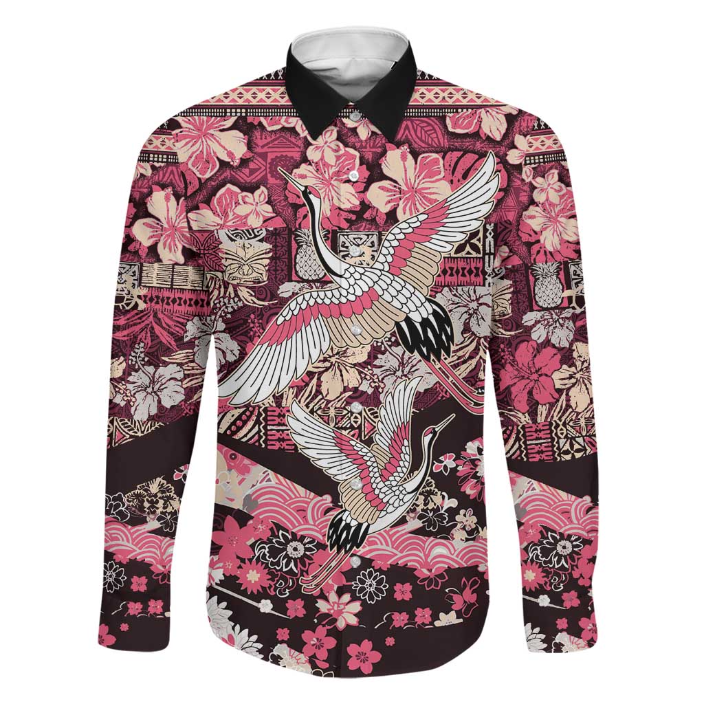 Japanese Hawaiian Crane Family Matching Off Shoulder Short Dress and Hawaiian Shirt Soft Pink Tapa Patchwork Pattern