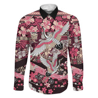 Japanese Hawaiian Crane Family Matching Off Shoulder Short Dress and Hawaiian Shirt Soft Pink Tapa Patchwork Pattern