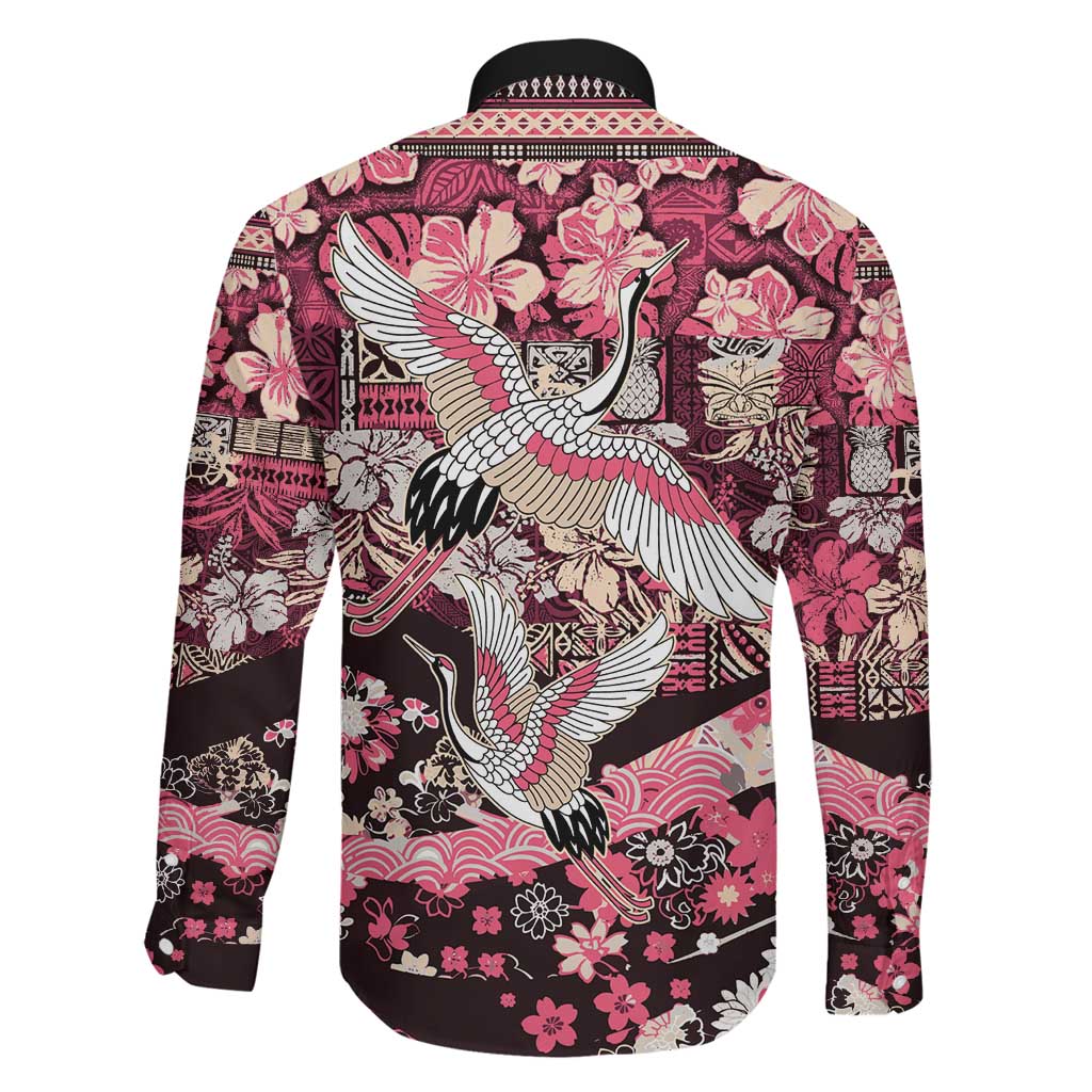 Japanese Hawaiian Crane Family Matching Off Shoulder Short Dress and Hawaiian Shirt Soft Pink Tapa Patchwork Pattern