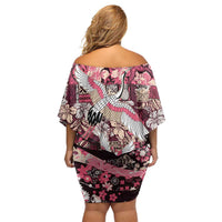 Japanese Hawaiian Crane Family Matching Off Shoulder Short Dress and Hawaiian Shirt Soft Pink Tapa Patchwork Pattern