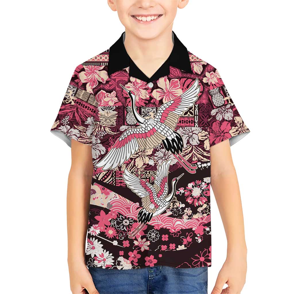 Japanese Hawaiian Crane Family Matching Off Shoulder Short Dress and Hawaiian Shirt Soft Pink Tapa Patchwork Pattern