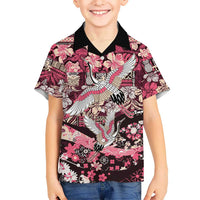Japanese Hawaiian Crane Family Matching Off Shoulder Short Dress and Hawaiian Shirt Soft Pink Tapa Patchwork Pattern
