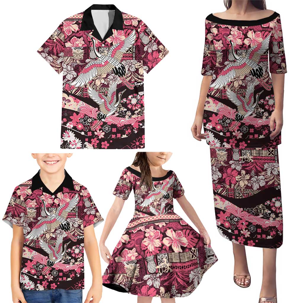 Japanese Hawaiian Crane Family Matching Puletasi and Hawaiian Shirt Soft Pink Tapa Patchwork Pattern LT9 - Polynesian Pride