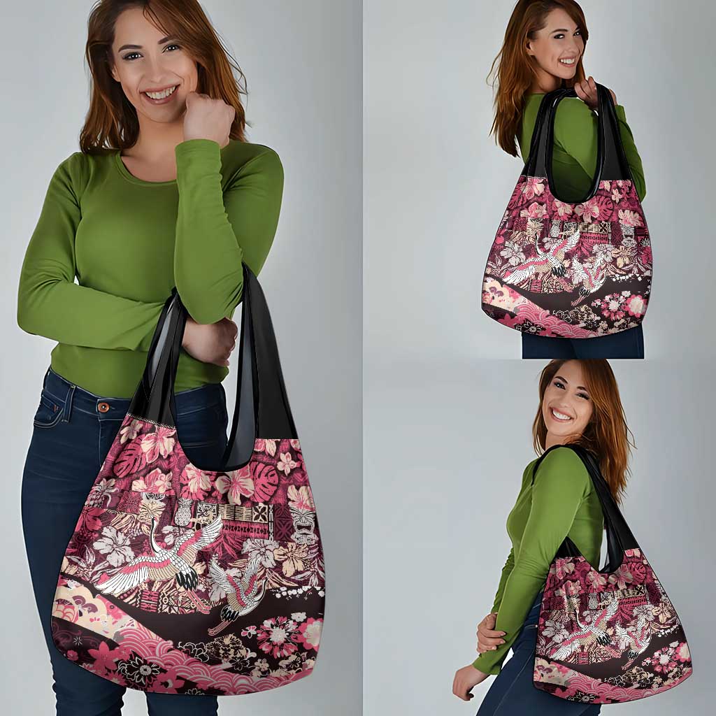 Japanese Hawaiian Crane Grocery Bag Soft Pink Tapa Patchwork Pattern LT9 - Polynesian Pride