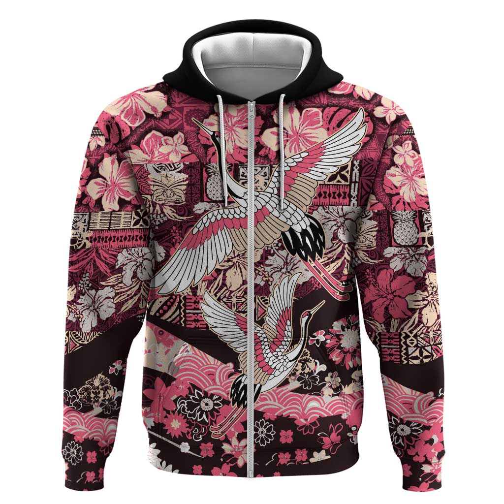 Japanese Hawaiian Crane Hoodie Soft Pink Tapa Patchwork Pattern LT9 Zip Hoodie Pink - Polynesian Pride