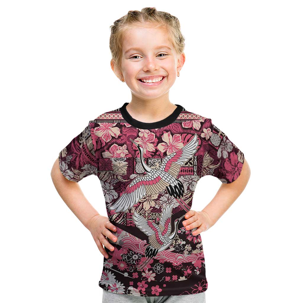 Japanese Hawaiian Crane Kid T Shirt Soft Pink Tapa Patchwork Pattern